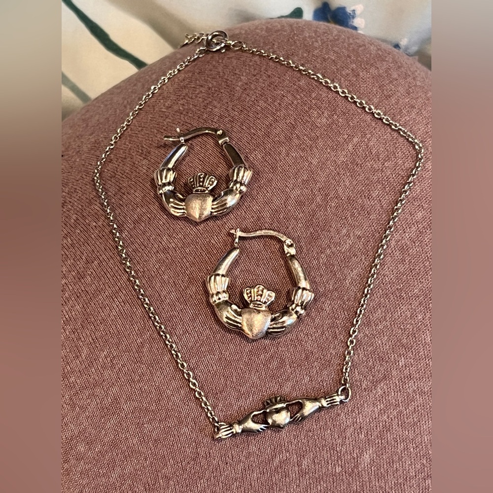 Sterling Claddagh anklet with matching sterling Claddagh hoop earrings